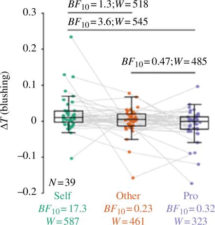 Figure 1. Variations in blushing intensity across the Self, Other, and Professional conditions.