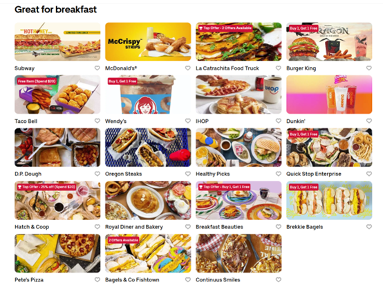 Figure 1. Screenshot of the Uber Eats homepage “Great for breakfast” section. Cover images are presented as the central visual cue, often accompanied by promotional tags that may jointly affect user attention and purchase behavior.