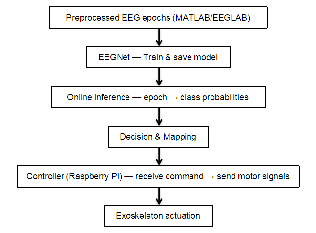 Figure 18. Integration flowchart of EEG preprocessing, EEGNet decoding, and exoskeleton control