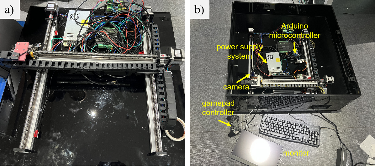 Figure 3.Assembly Process and Usage Scenarios for NeuroNav.a) The lead-screw linear slide is mounted onto an acrylic base plate; b) Connect devices such as the camera, gamepad, monitor, and Arduino controller to the lead-screw linear stage