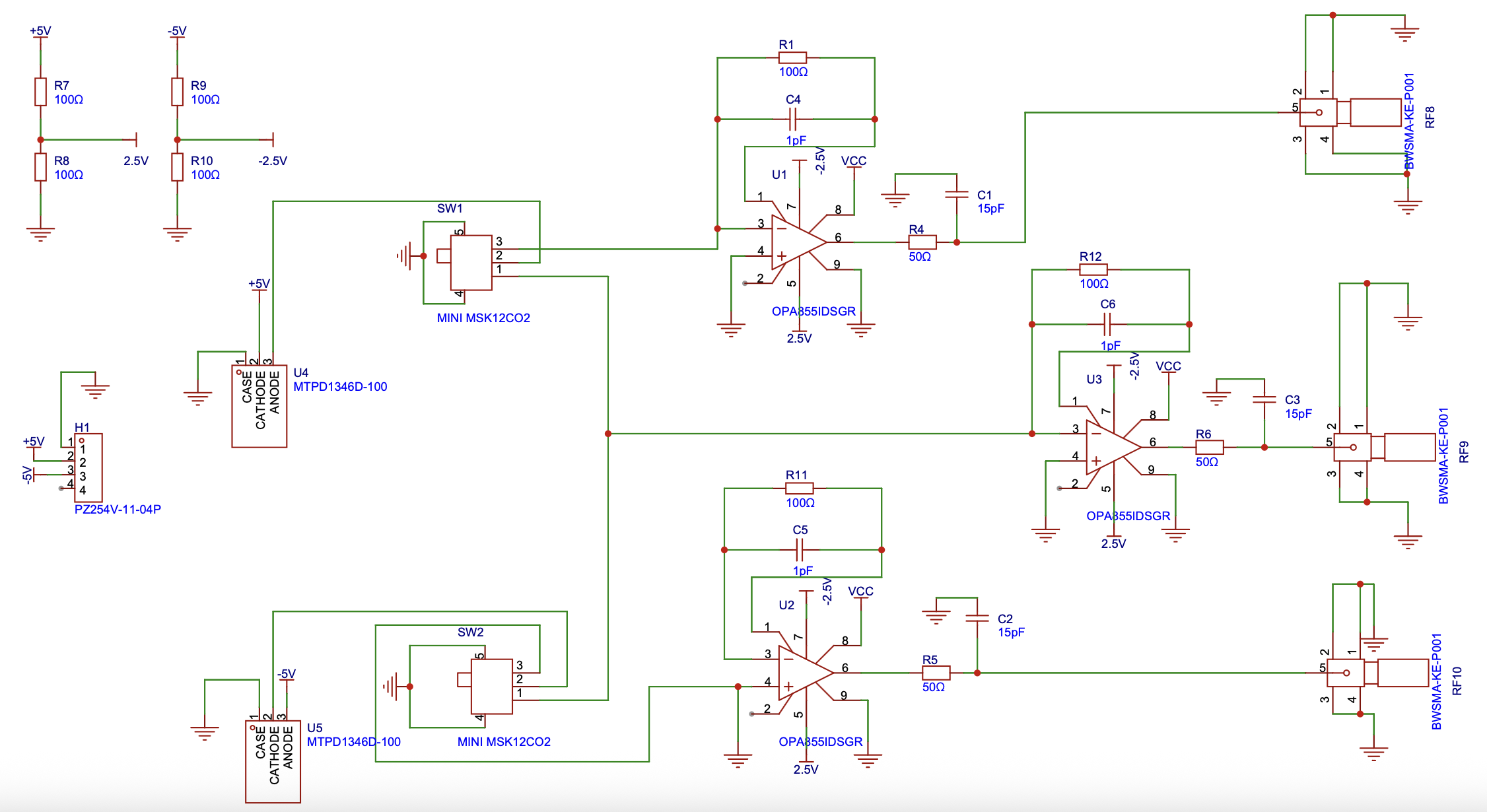 Figure 5. BHD circuit schematic with photodiodes, TIA, and voltage gain stage