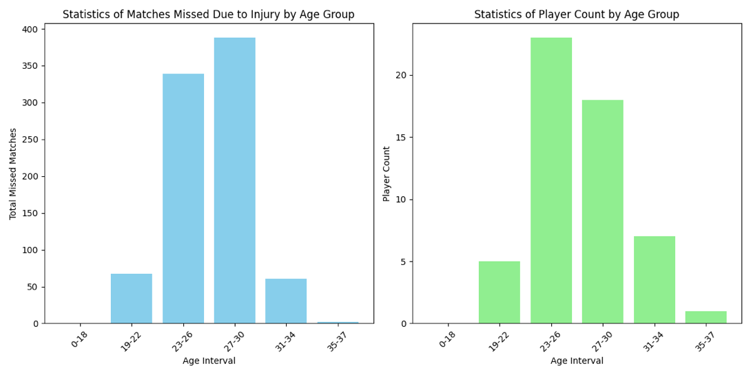 Figure 7. The distribution of the number of players by age group and the total number of injuries by age group in the sample data