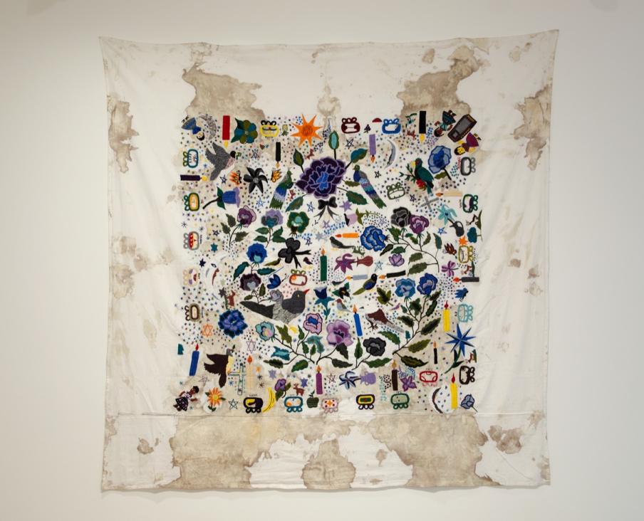 Figure 7. Teresa Margolles, Tela bordada [Embroidered Fabric], 2012. Traditional Mayan embroidery on fabric by indigenous activists from Guatemala, 202 × 206 cm. Musée des beaux-arts du Canada, Ottawa.